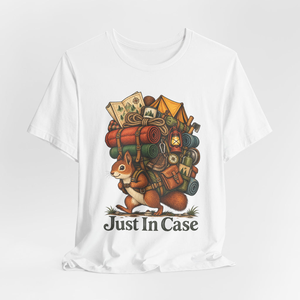 Just In Case Overpacked Squirrel Tee in Heather Slate - funny squirrel overpacked hiking shirt, Barely Outdoorsy