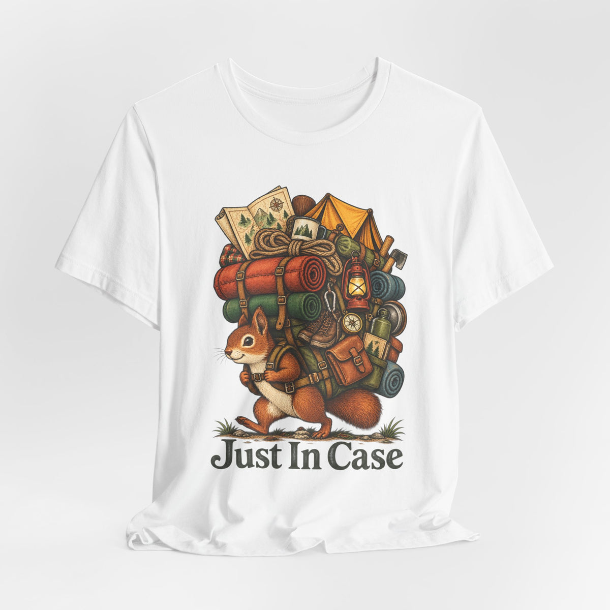 Just In Case Overpacked Squirrel Tee in Heather Slate - funny squirrel overpacked hiking shirt, Barely Outdoorsy