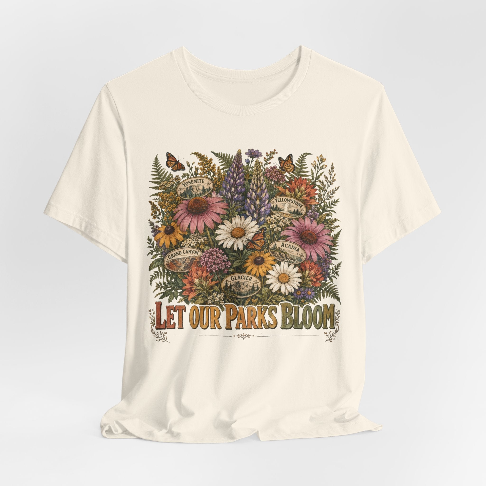 Let Our Parks Bloom T-Shirt in Pink - botanical wildflower national parks graphic tee, Bella Canvas 3001