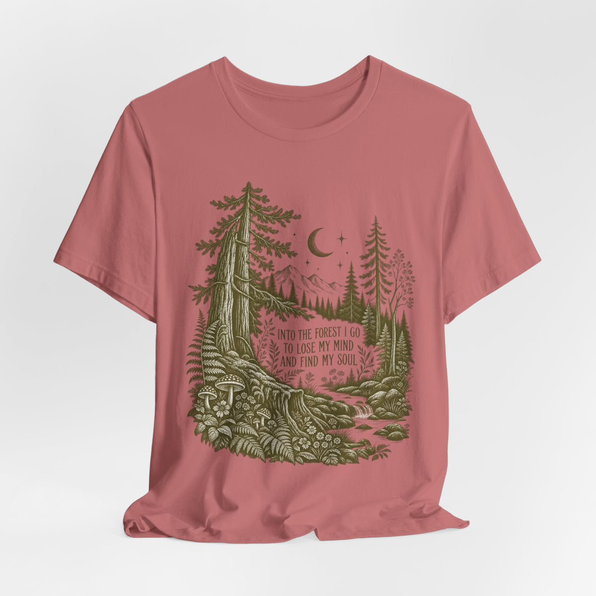 Into the Forest I Go Tee in Heather Peach - forest hiking nature quote shirt, Barely Outdoorsy Bella Canvas 3001