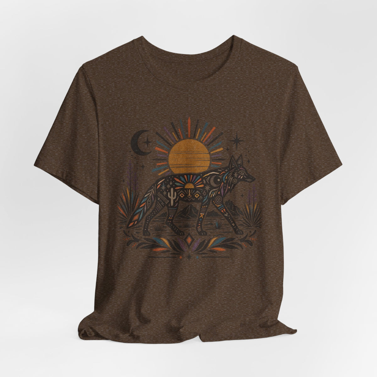 Boho Desert Sun Coyote T-Shirt in Heather Stone - boho Southwest desert sun coyote mandala graphic tee, Barely Outdoorsy