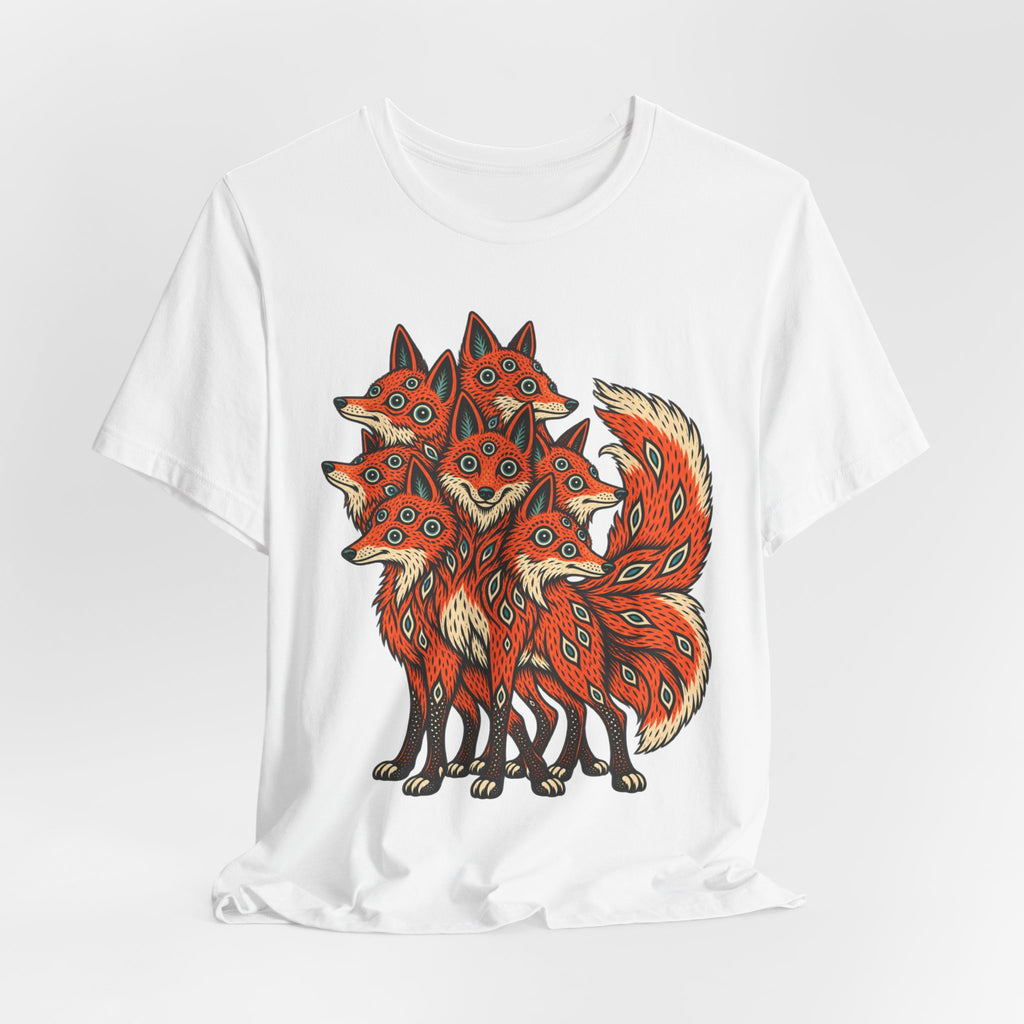 Many-Headed Folk Art Fox T-Shirt in Dark Grey Heather - folk art mythic many-headed fox wildlife graphic tee, Barely Outdoorsy Bella Canvas 3001