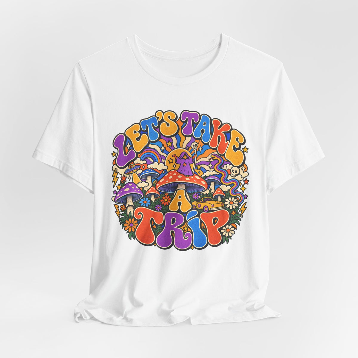 Let's Take a Trip Retro T-Shirt in Heather Green - psychedelic retro convertible toadstool graphic tee, Barely Outdoorsy Bella Canvas