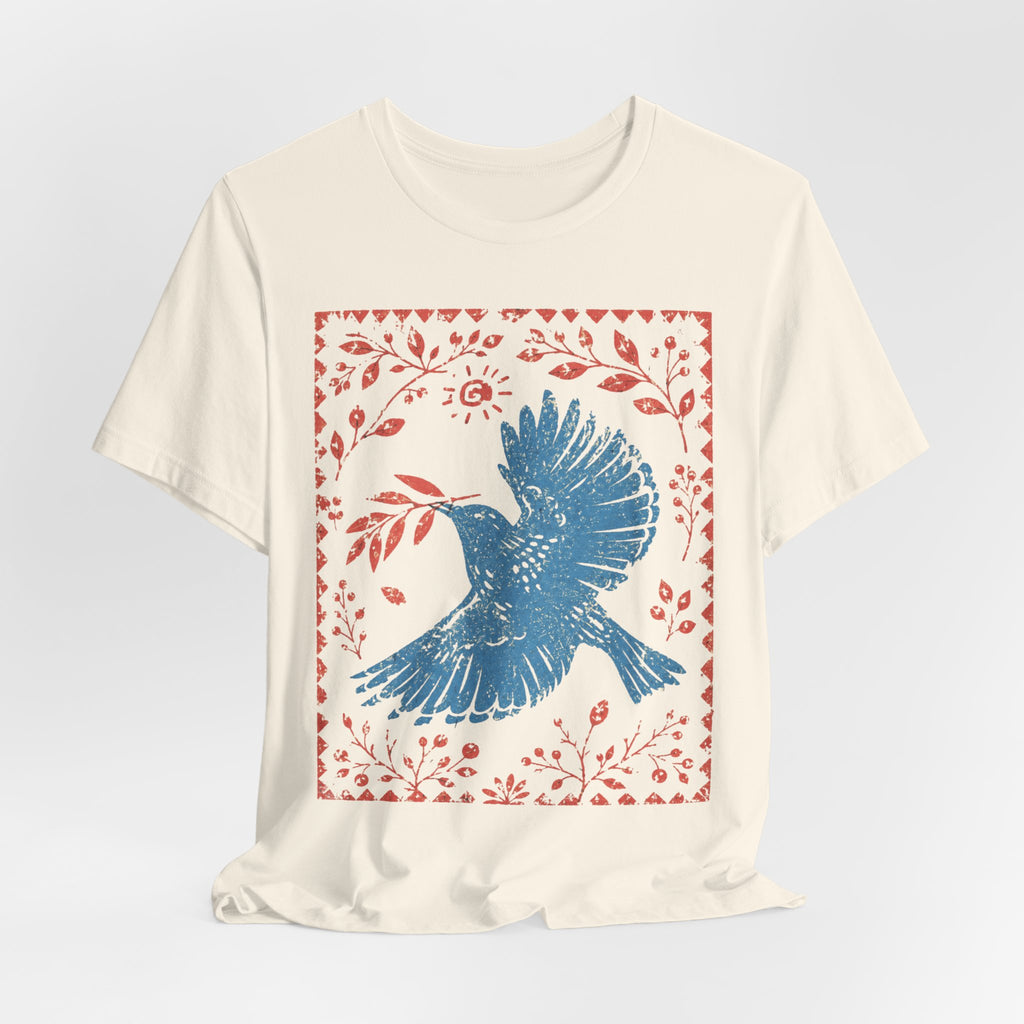Blue Peace Dove Folk Art T-Shirt in White - bold folk art dove graphic tee, Barely Outdoorsy Bella Canvas