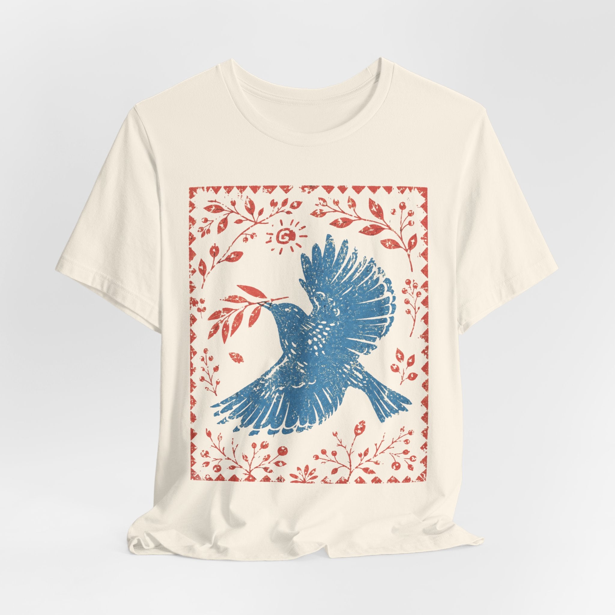 Blue Peace Dove Folk Art T-Shirt in White - bold folk art dove graphic tee, Barely Outdoorsy Bella Canvas