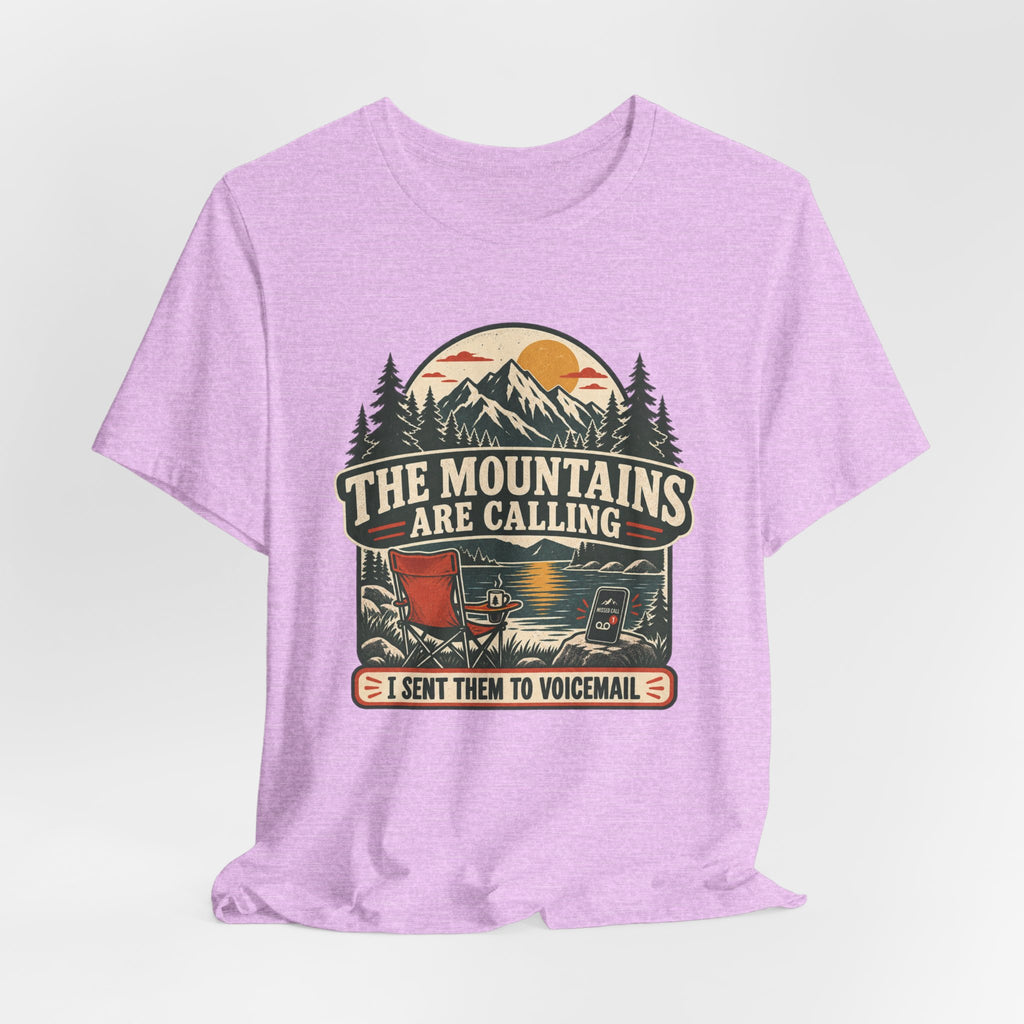 Mountains Are Calling Sent to Voicemail T-Shirt in Heather Prism Lilac - funny hiking voicemail graphic tee, Barely Outdoorsy