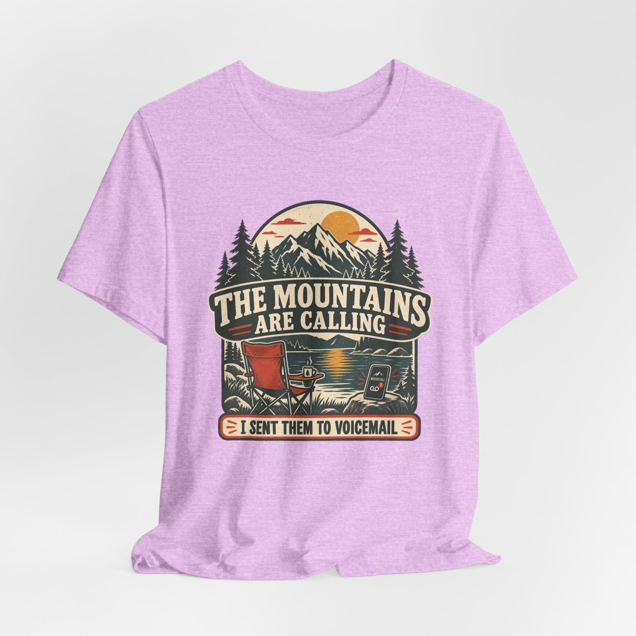 Mountains Are Calling Sent to Voicemail T-Shirt in Heather Prism Lilac - funny hiking voicemail graphic tee, Barely Outdoorsy