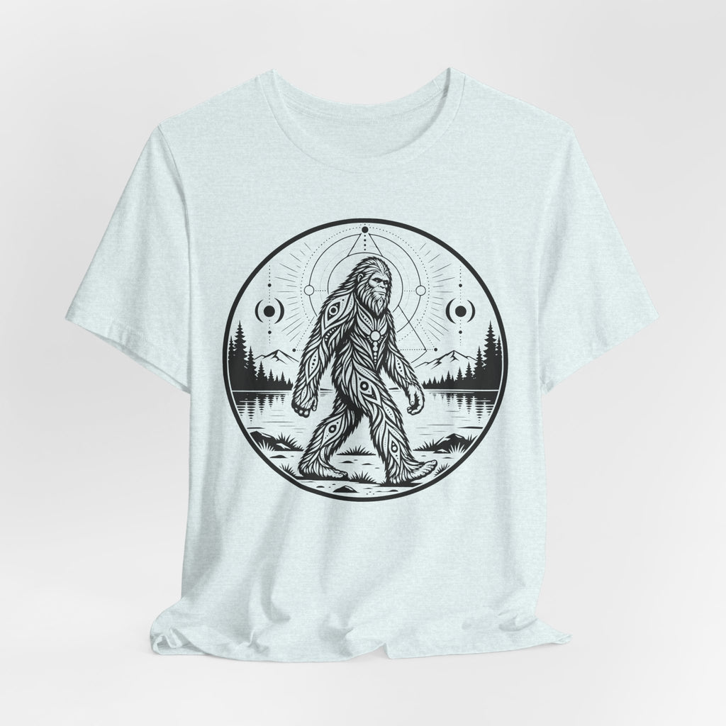 Celestial Bigfoot Tee flat lay Athletic Heather - unisex crew neck boho Bigfoot graphic tee, Barely Outdoorsy