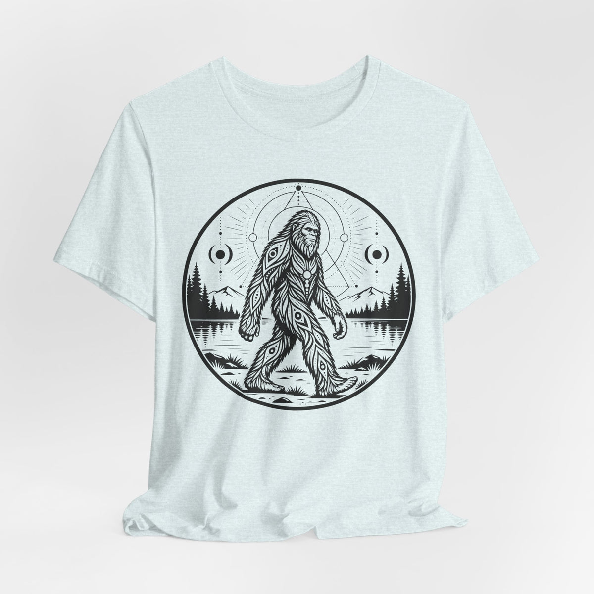 Celestial Bigfoot Tee flat lay Athletic Heather - unisex crew neck boho Bigfoot graphic tee, Barely Outdoorsy
