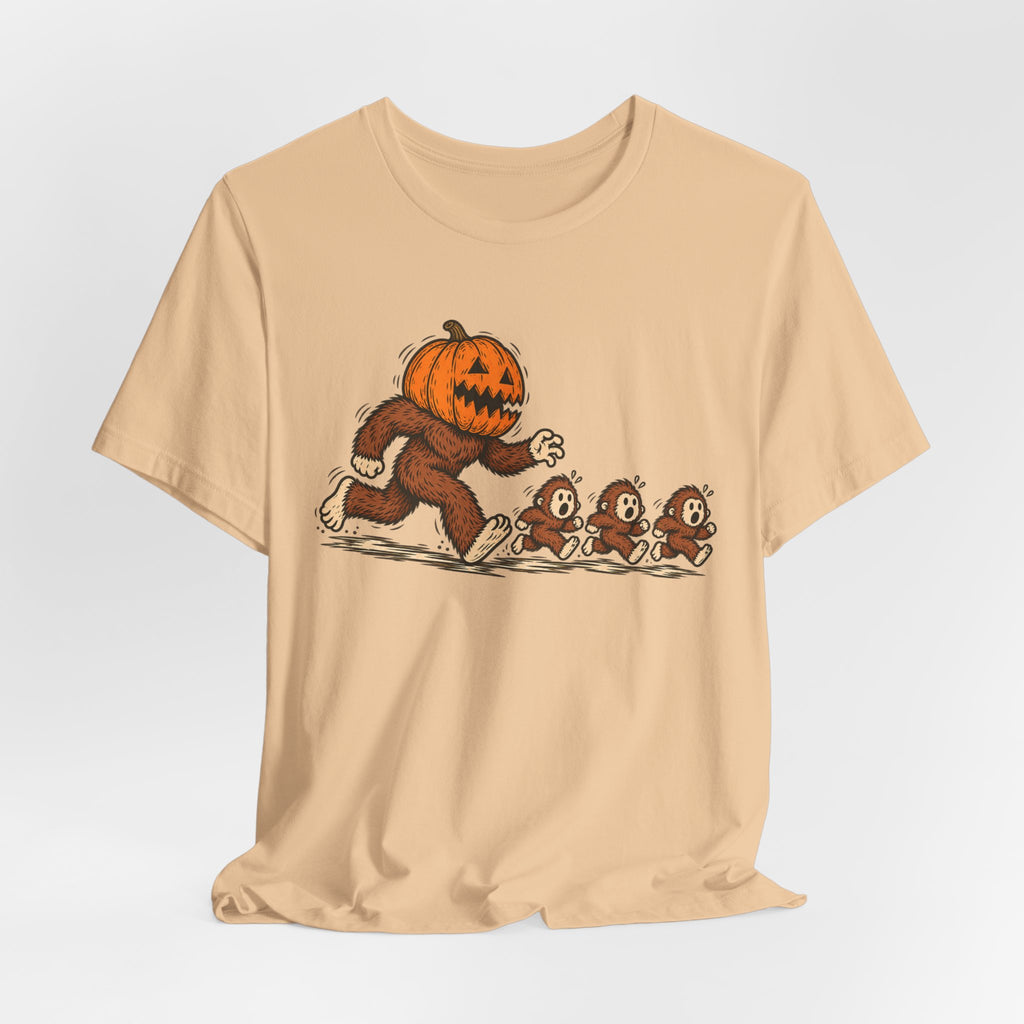 Pumpkin Head Bigfoot Halloween Tee in Heather Red - funny Sasquatch pumpkin head shirt, Barely Outdoorsy