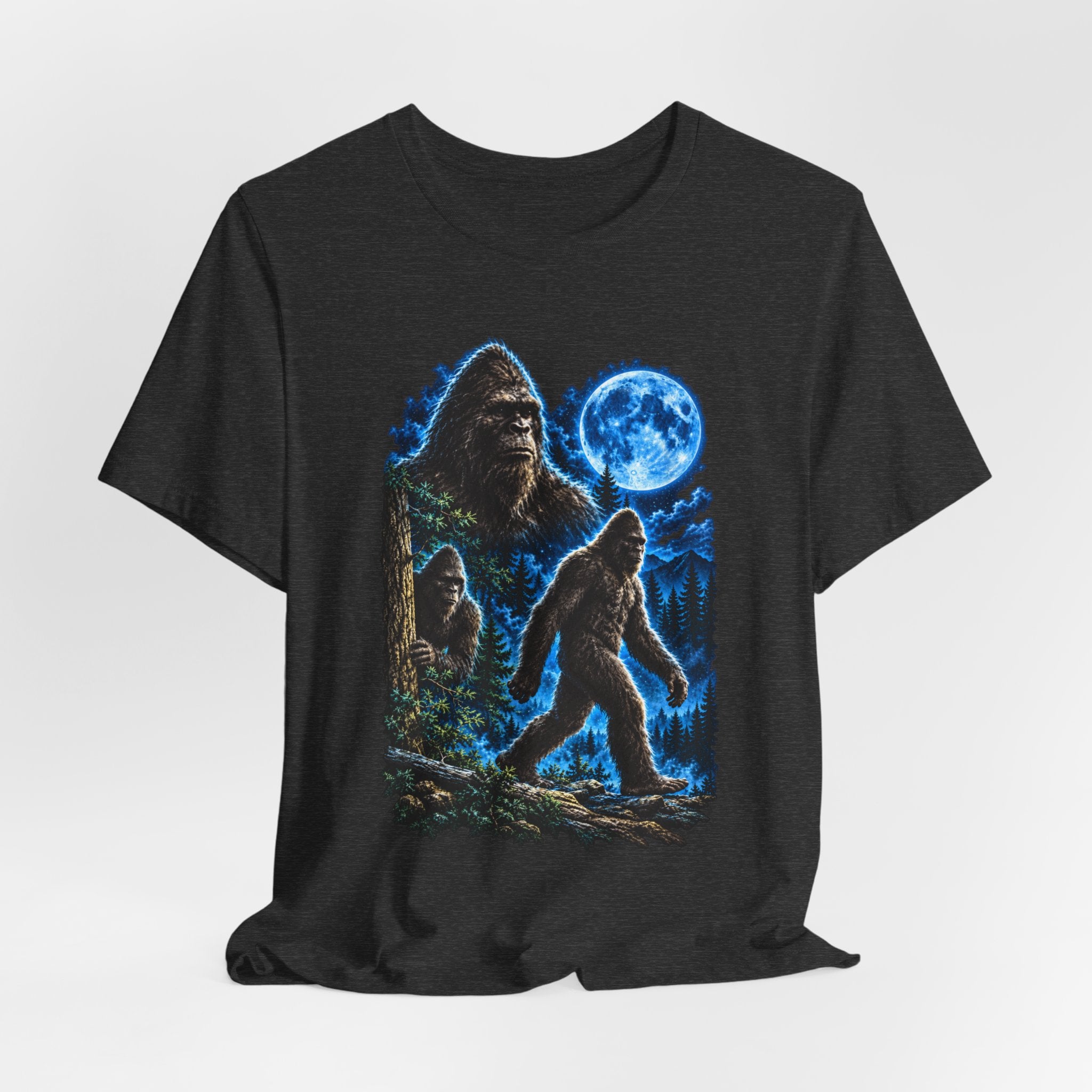 Bigfoot Family Blue Moon Forest Tee in Black Heather - Bigfoot family blue moon shirt, Barely Outdoorsy Bella Canvas