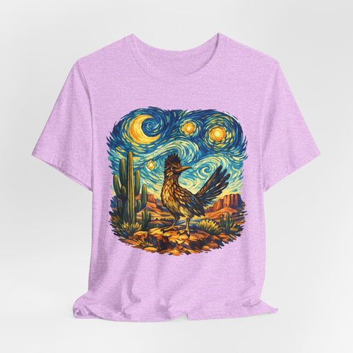 Starry Night Roadrunner Tee in Heather True Royal - impressionist desert roadrunner crescent moon shirt, Barely Outdoorsy