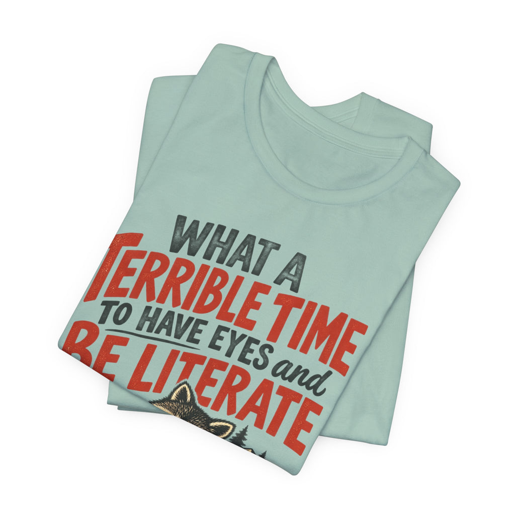 Terrible Time to Be Literate Camping Raccoon Tee flat lay Heather Prism Mint - unisex raccoon camping graphic tee, Barely Outdoorsy Bella Canvas