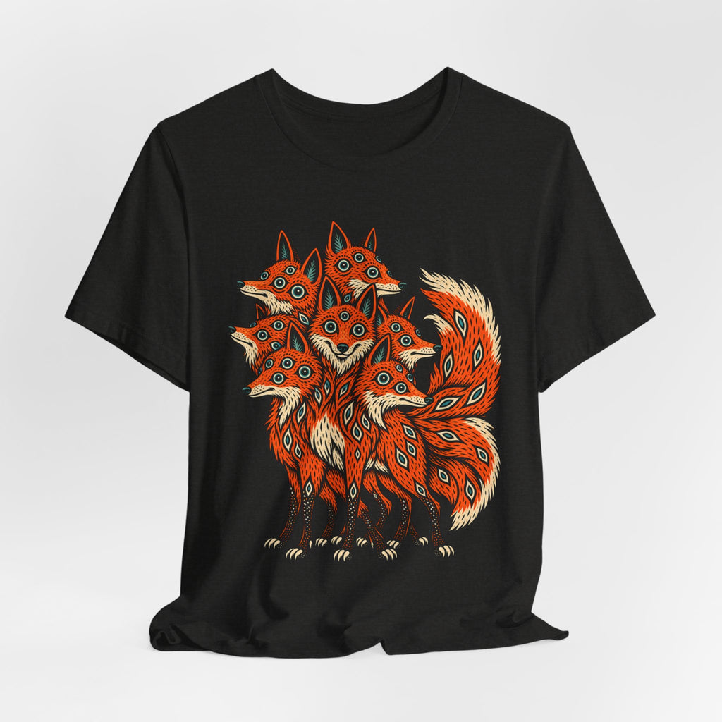 Many-Headed Folk Art Fox T-Shirt in Heather Maroon - folk art mythic many-headed fox wildlife graphic tee, Barely Outdoorsy