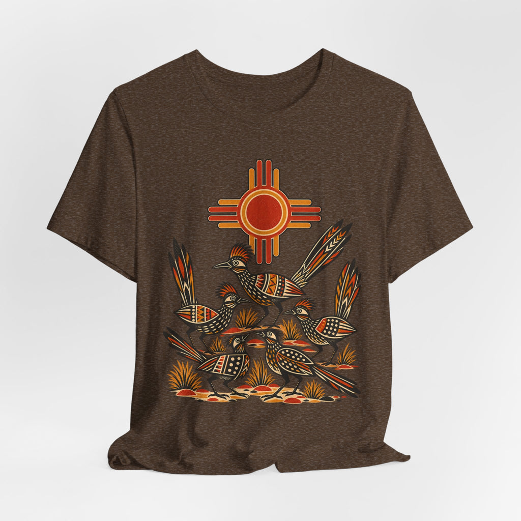 New Mexico Roadrunner Sun T-Shirt in Heather Stone - Southwest New Mexico roadrunner sun graphic tee, Barely Outdoorsy