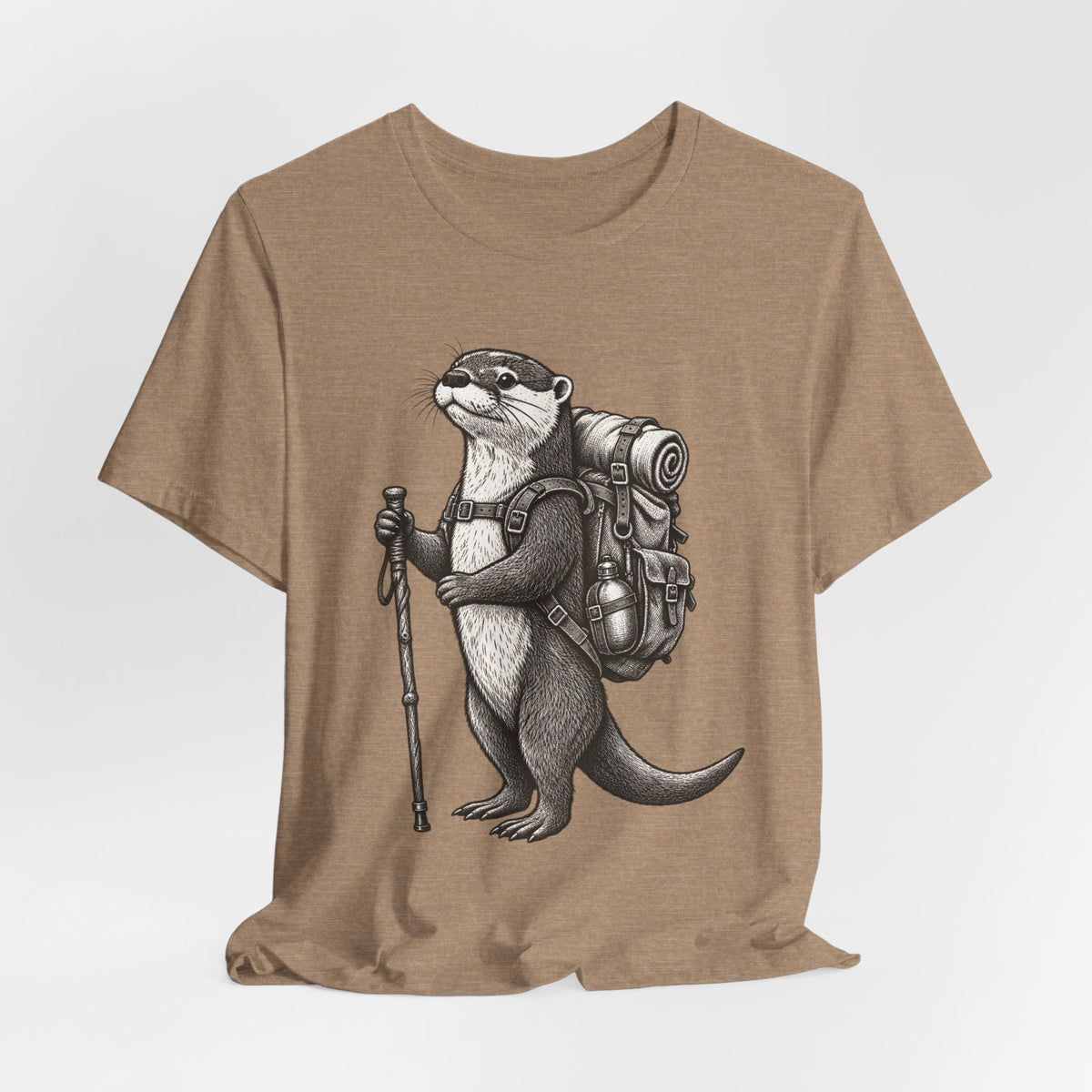 Otter Backpacker T-Shirt in Heather Tan - funny otter backpacking graphic tee, Barely Outdoorsy Bella Canvas