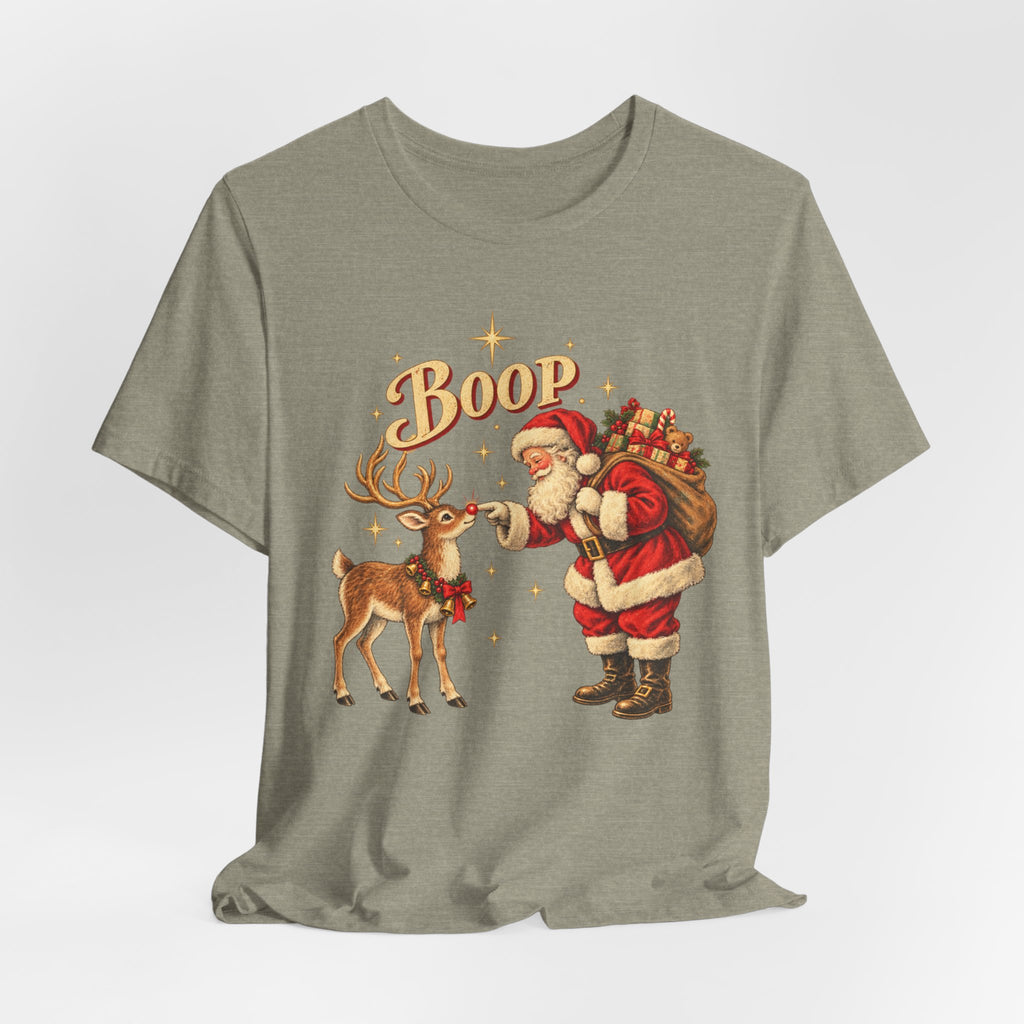 Santa Boop Reindeer Christmas T-Shirt in Heather Brown - funny Santa boop reindeer Christmas holiday graphic tee, Barely Outdoorsy