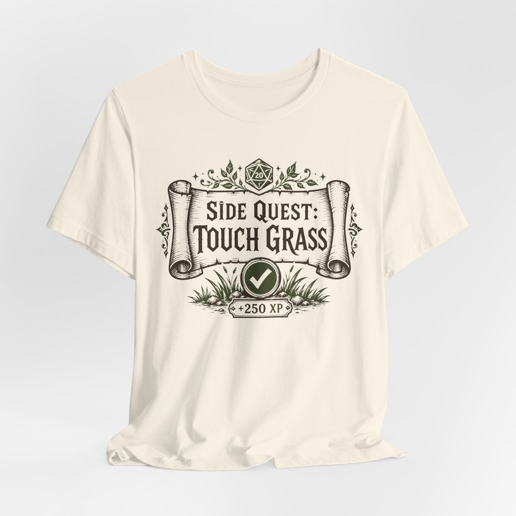 Side Quest Touch Grass T-Shirt in Athletic Heather - D&D RPG scroll quest card D20 graphic tee, Barely Outdoorsy Bella Canvas 3001