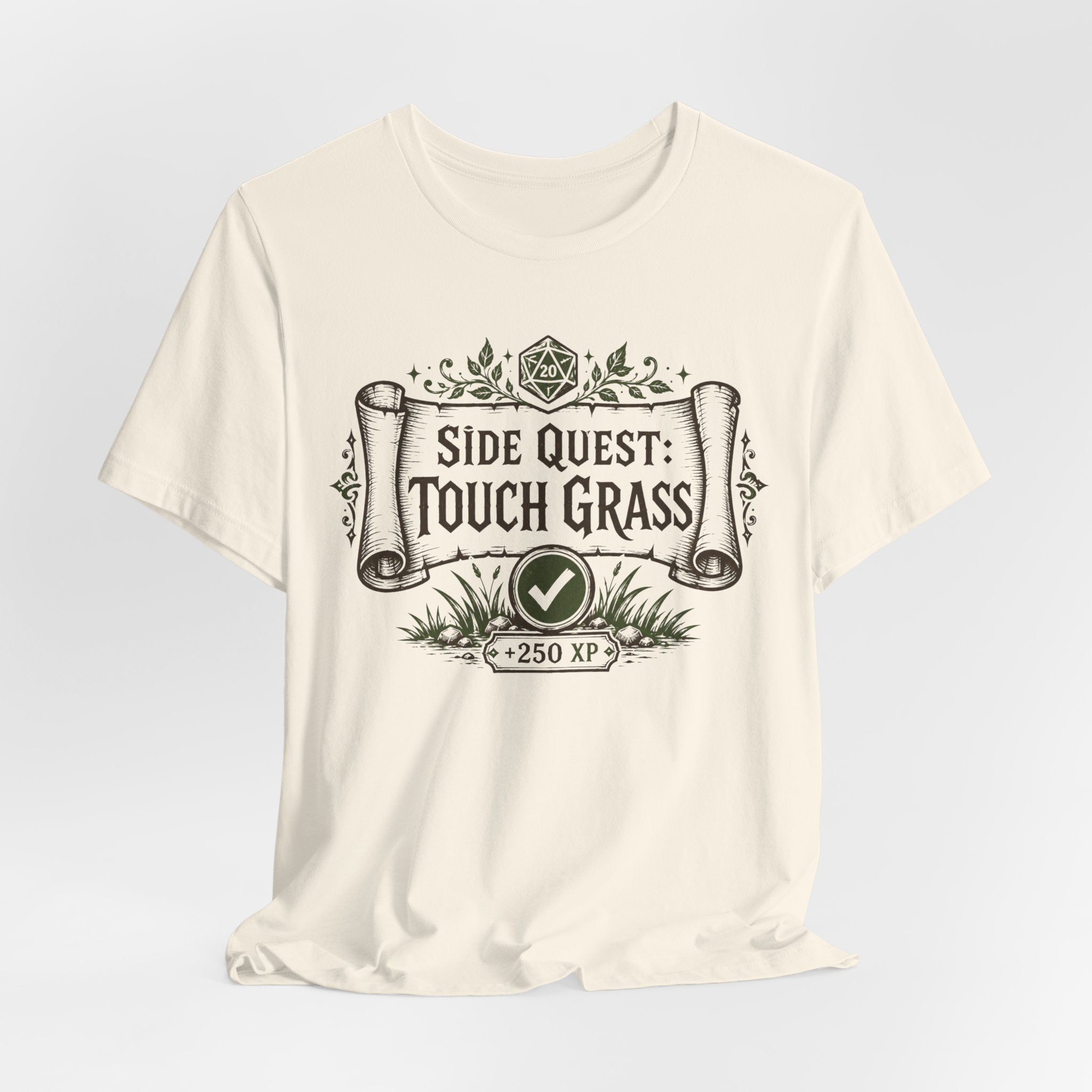 Side Quest Touch Grass T-Shirt in Athletic Heather - D&D RPG scroll quest card D20 graphic tee, Barely Outdoorsy Bella Canvas 3001