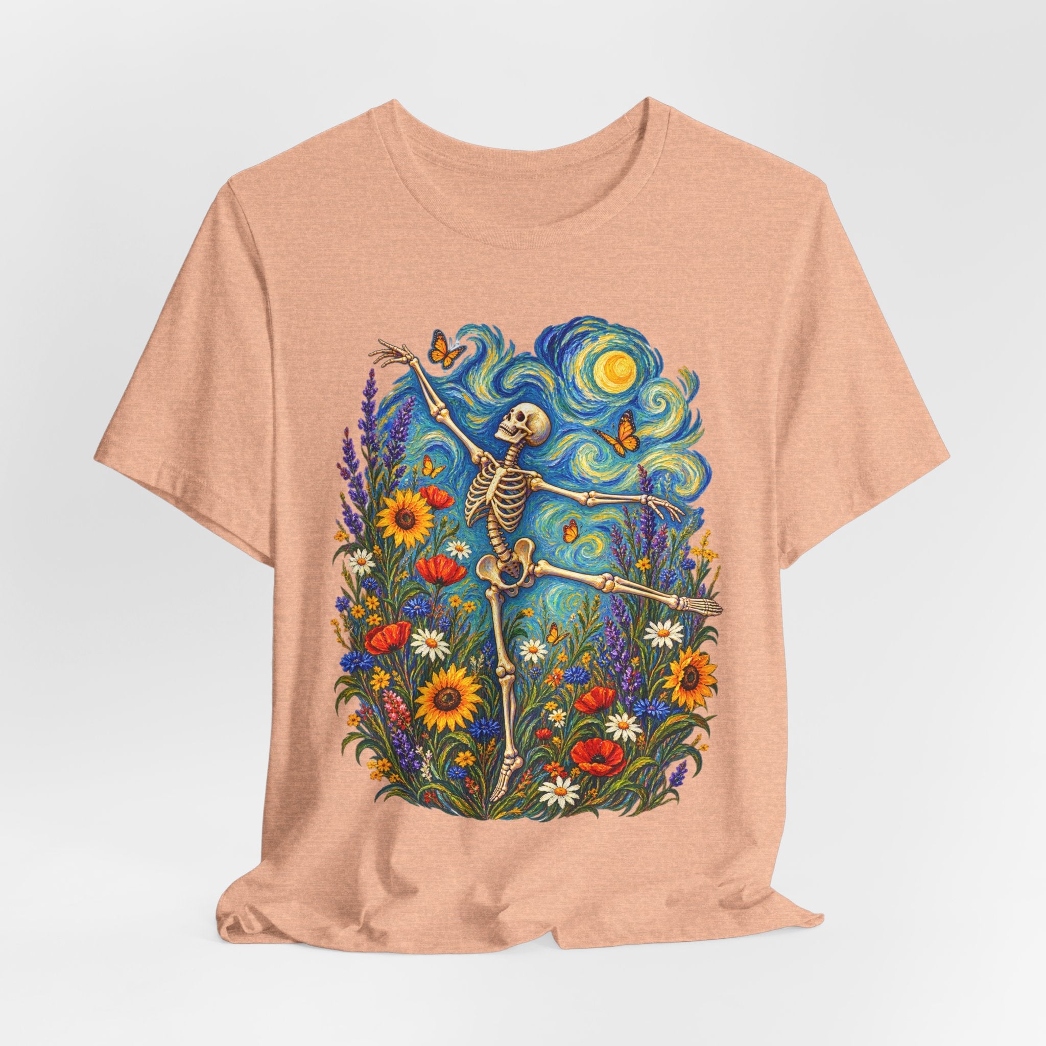 Starry Night Dancing Skeleton Tee in White - boho dancing skeleton starry night shirt, Barely Outdoorsy Bella Canvas 3001