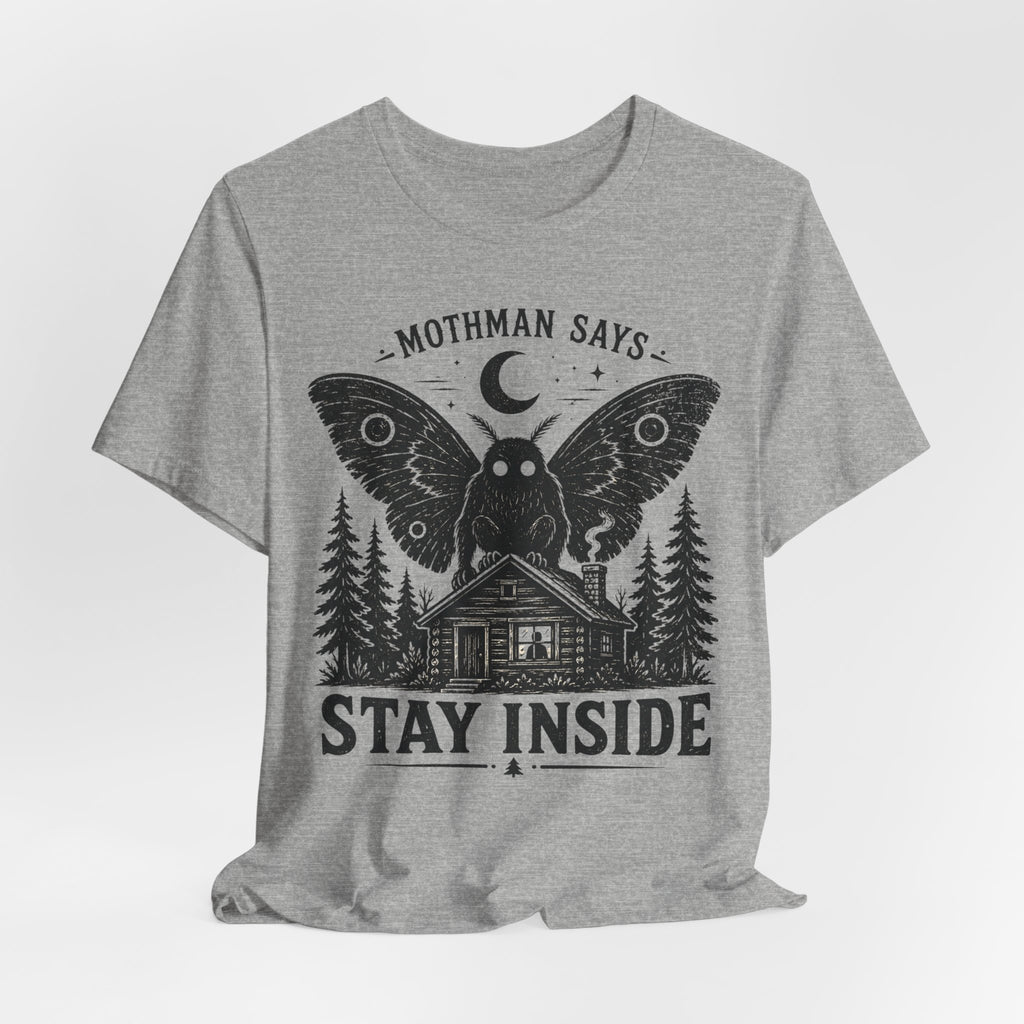 Mothman Says Stay Inside Tee in White detail - Mothman warning stay inside close-up graphic, Barely Outdoorsy