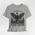Mothman Says Stay Inside Tee in White detail - Mothman warning stay inside close-up graphic, Barely Outdoorsy