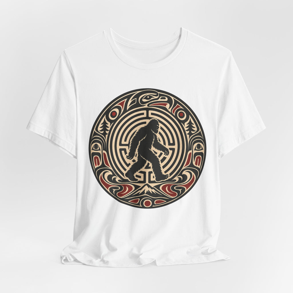 Bigfoot Pacific Northwest T-Shirt in Dark Grey Heather - Sasquatch ovoid U-form formline art graphic tee, Barely Outdoorsy Bella Canvas
