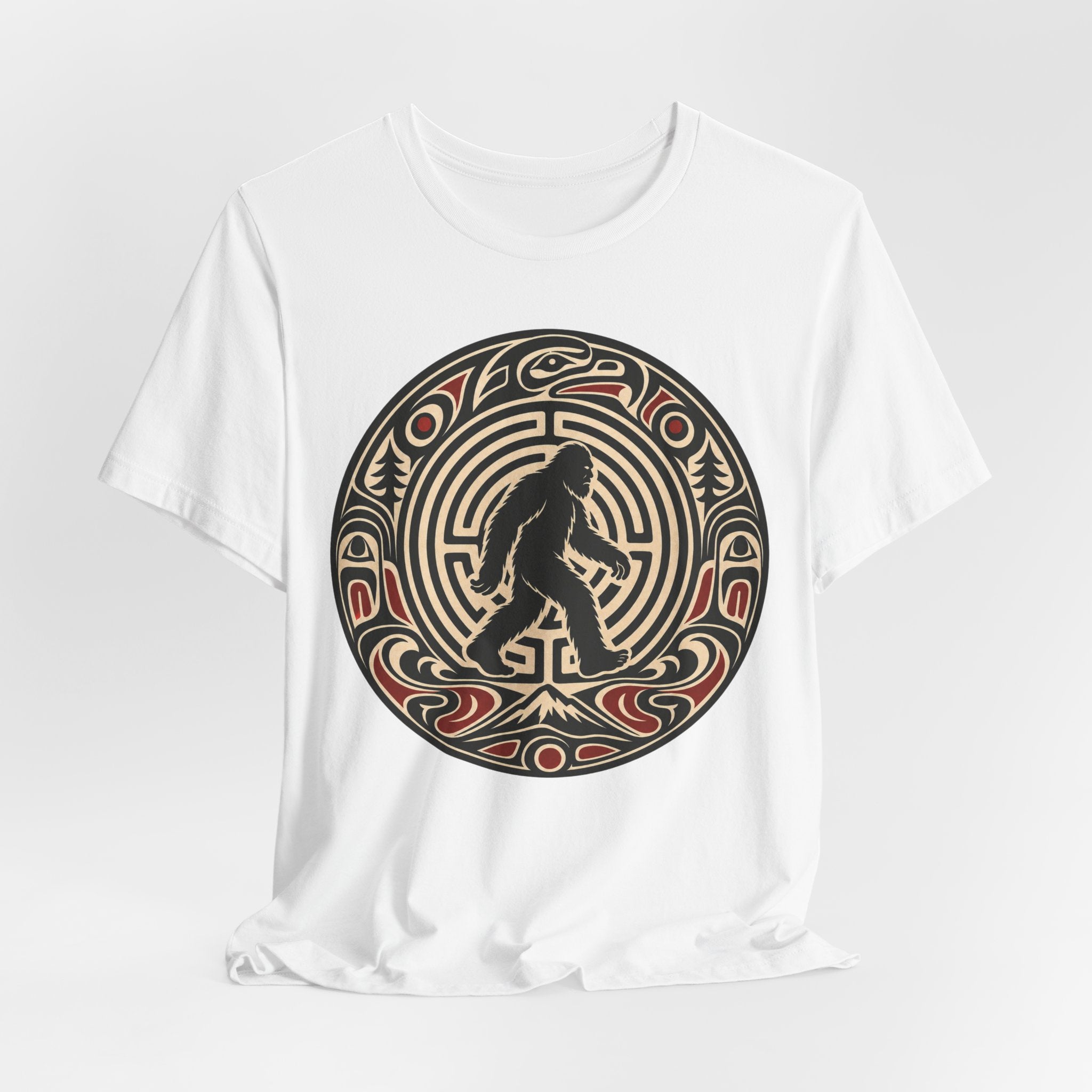 Bigfoot Pacific Northwest T-Shirt in Dark Grey Heather - Sasquatch ovoid U-form formline art graphic tee, Barely Outdoorsy Bella Canvas