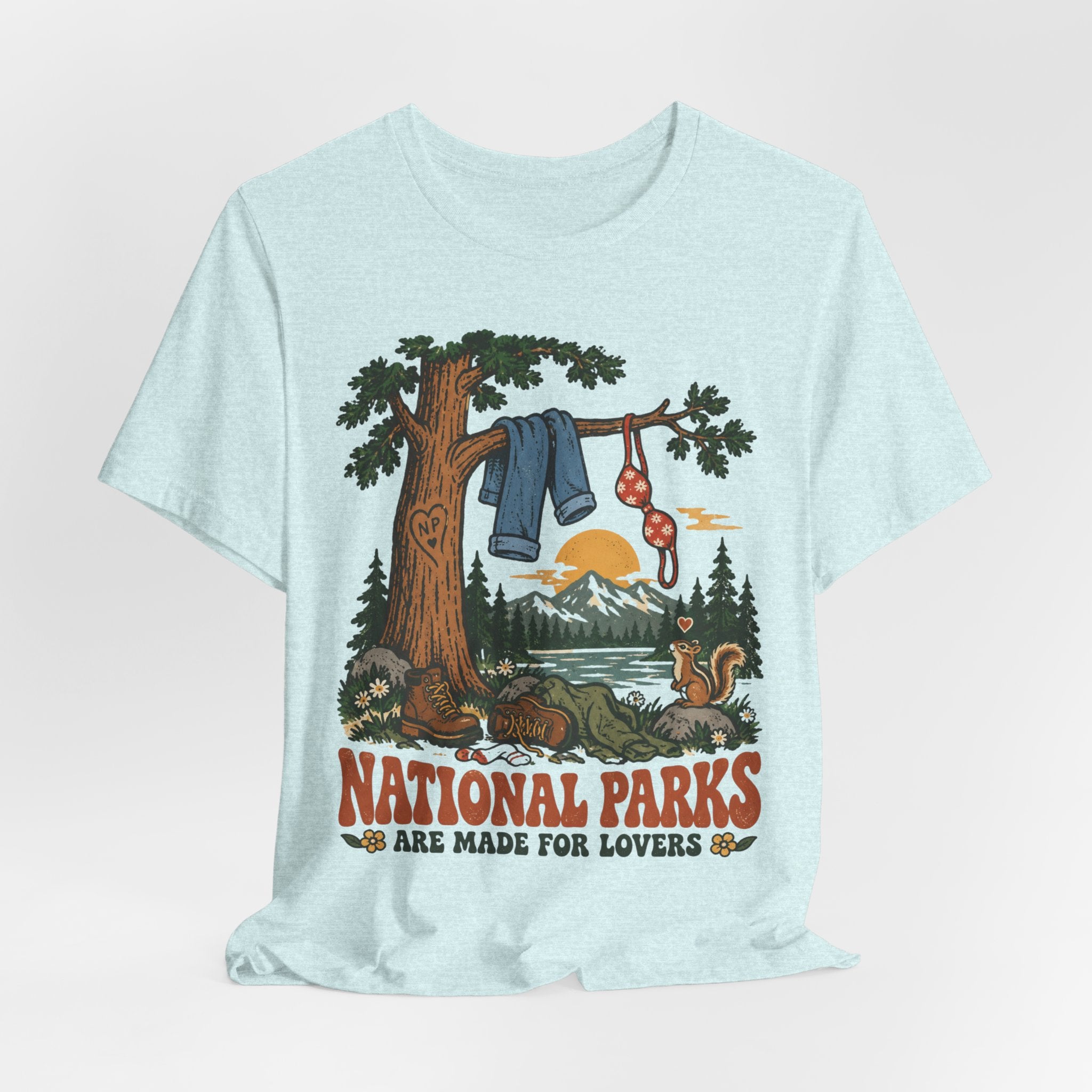 National Parks Are Made For Lovers Tee flat lay Athletic Heather - unisex crew neck couples hiking graphic tee, Barely Outdoorsy