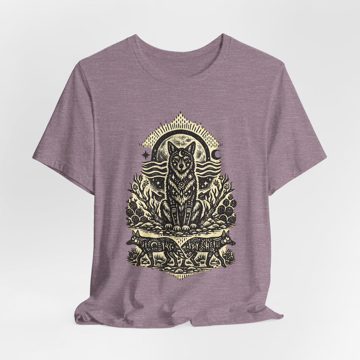 Moonlit Coyote Linocut T-Shirt in White - Southwest linocut moonlit coyote woodcut graphic tee, Barely Outdoorsy