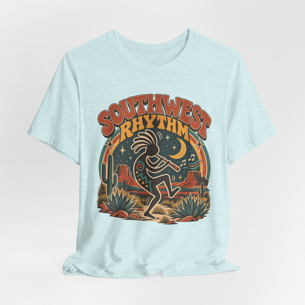 Southwest Rhythm Kokopelli T-Shirt in Heather Prism Ice Blue - retro Kokopelli graphic tee, Barely Outdoorsy