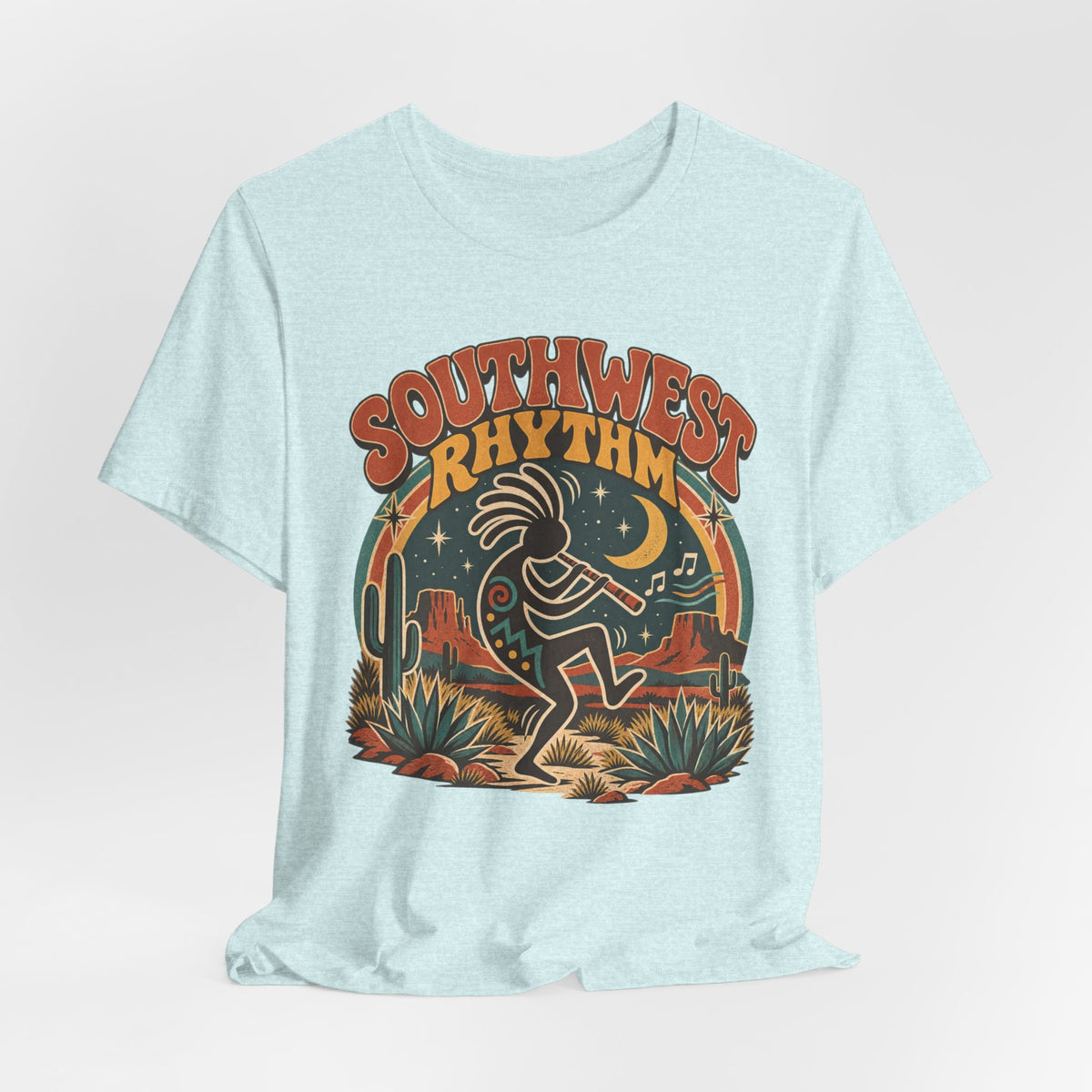 Southwest Rhythm Kokopelli T-Shirt in Heather Prism Ice Blue - retro Kokopelli graphic tee, Barely Outdoorsy