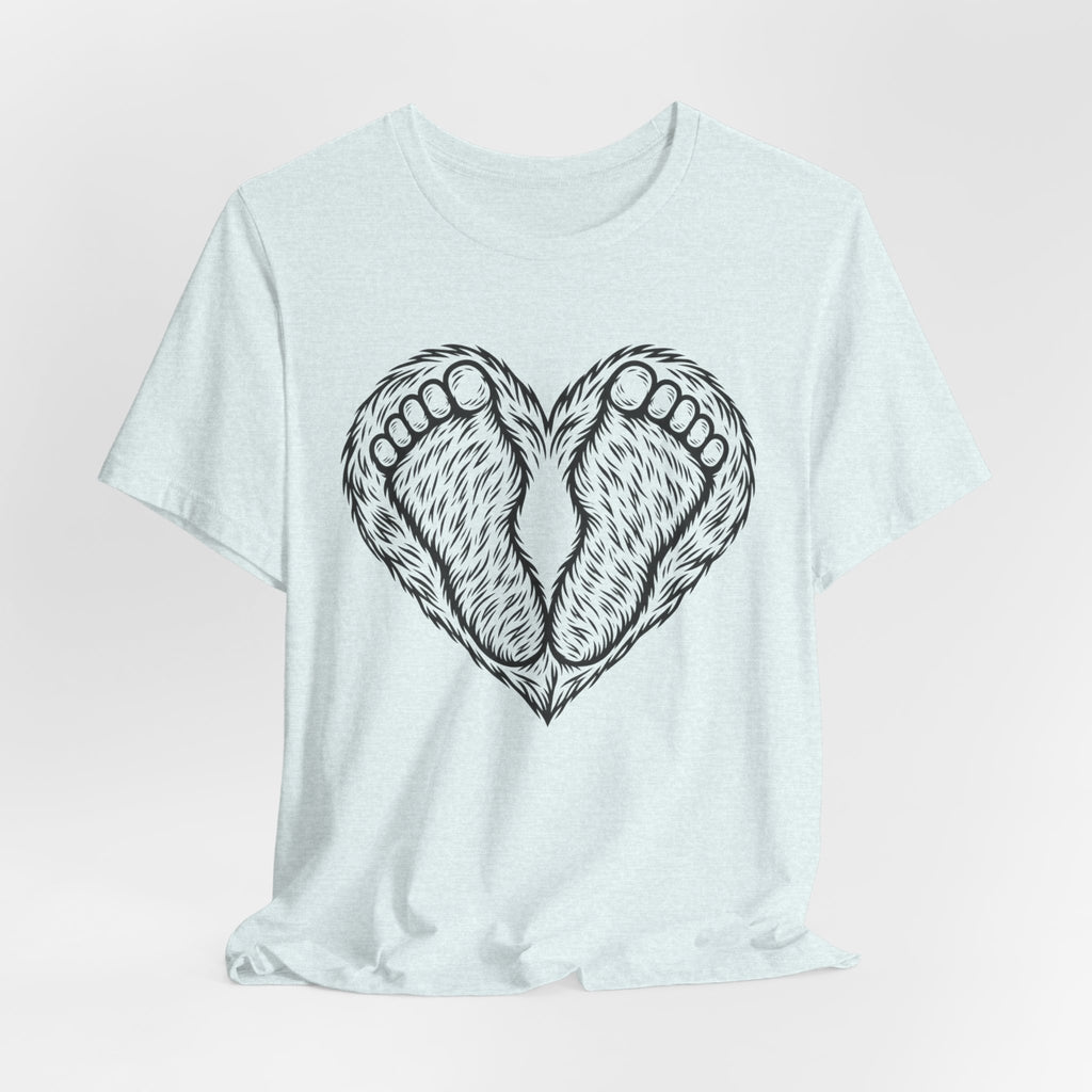 Bigfoot Feet Heart T-Shirt in Athletic Heather - funny Bigfoot feet heart graphic tee, Barely Outdoorsy Bella Canvas 3001