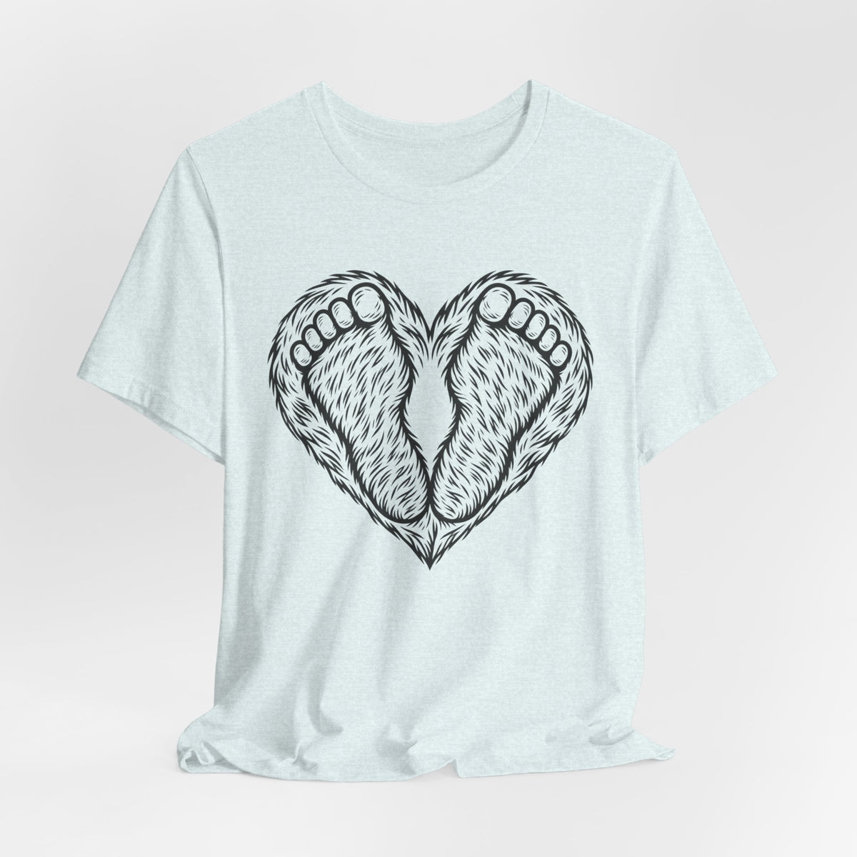 Bigfoot Feet Heart T-Shirt in Athletic Heather - funny Bigfoot feet heart graphic tee, Barely Outdoorsy Bella Canvas 3001