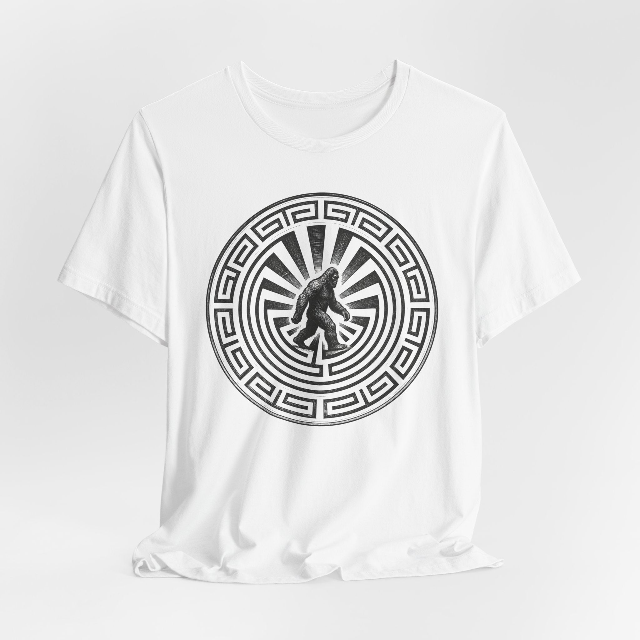 Bigfoot in a Maze Southwest Petroglyph T-Shirt in Athletic Heather - Southwest petroglyph Bigfoot maze graphic tee, Barely Outdoorsy Bella Canvas 3001