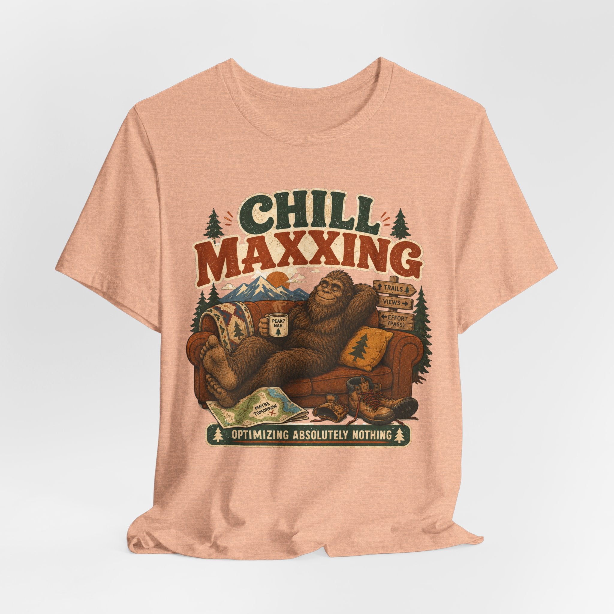 Chill Maxxing Bigfoot Tee in Heather Peach - Bigfoot peak nah couch humor shirt, Bella Canvas 3001