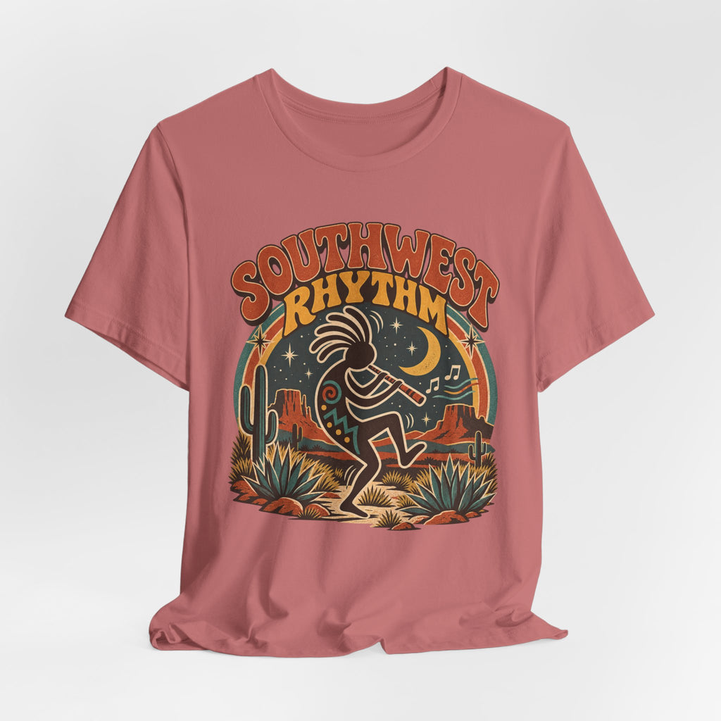 Southwest Rhythm Kokopelli Tee in Navy - retro Kokopelli desert music shirt, Barely Outdoorsy