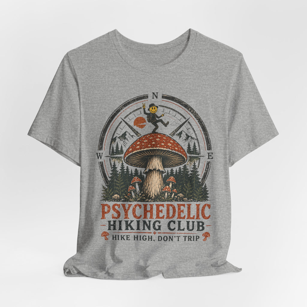 Psychedelic Hiking Club Tee in Heather Ice Blue - dark cottagecore hiking humor shirt, Barely Outdoorsy Bella Canvas 3001
