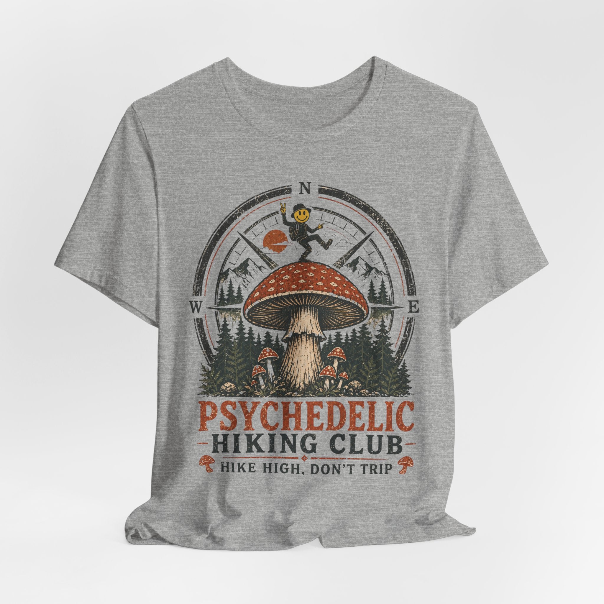 Psychedelic Hiking Club Tee in Heather Ice Blue - dark cottagecore hiking humor shirt, Barely Outdoorsy Bella Canvas 3001