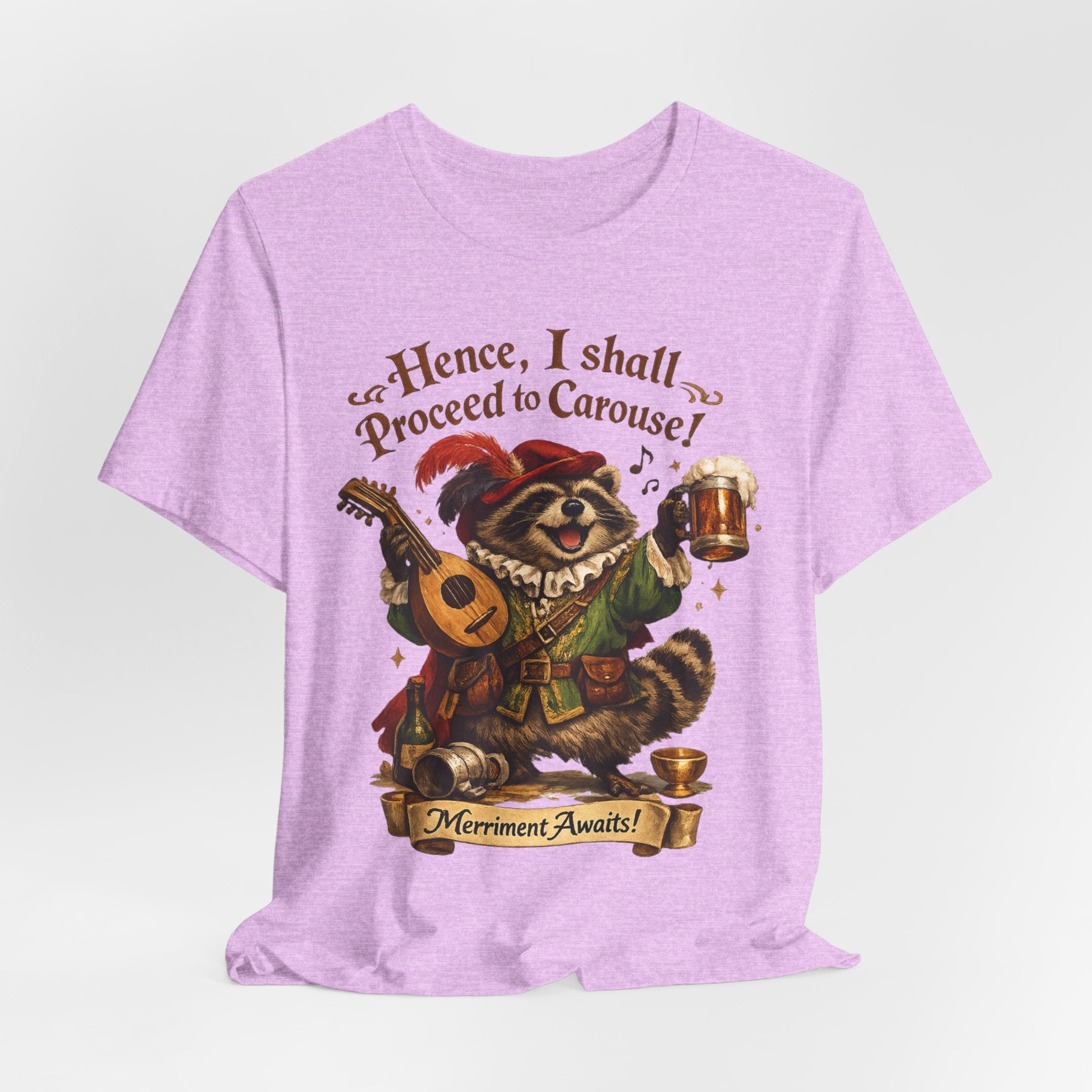 Raccoon Bard T-Shirt in Heather Peach - raccoon bard ale stein lute fantasy graphic tee, Barely Outdoorsy Bella Canvas
