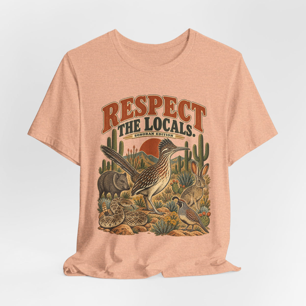 Respect The Locals Sonoran Desert T-Shirt in Athletic Heather - funny Sonoran Desert wildlife humor graphic tee, Barely Outdoorsy Bella Canvas 3001
