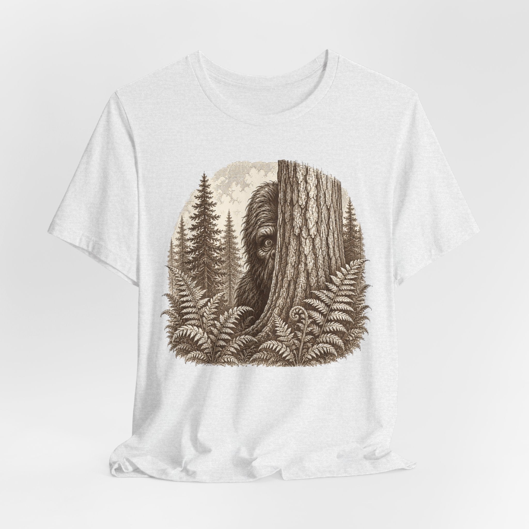 Hide and Seek Champion Tee in Brown - retro etching Sasquatch peering fern graphic shirt, Barely Outdoorsy Bella Canvas 3001