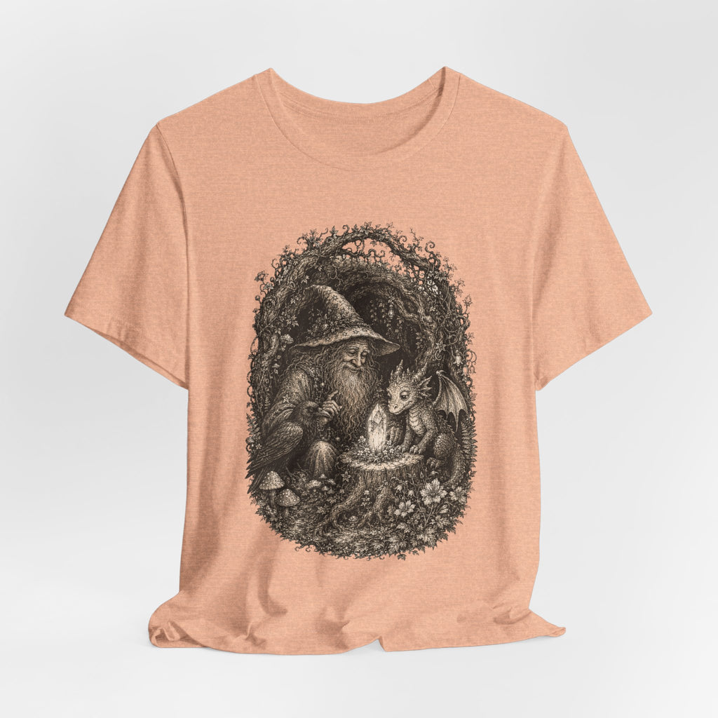 Wizard and Dragon Tee in Heather Peach - fantasy wizard and dragon raven shirt, Barely Outdoorsy Bella Canvas 3001