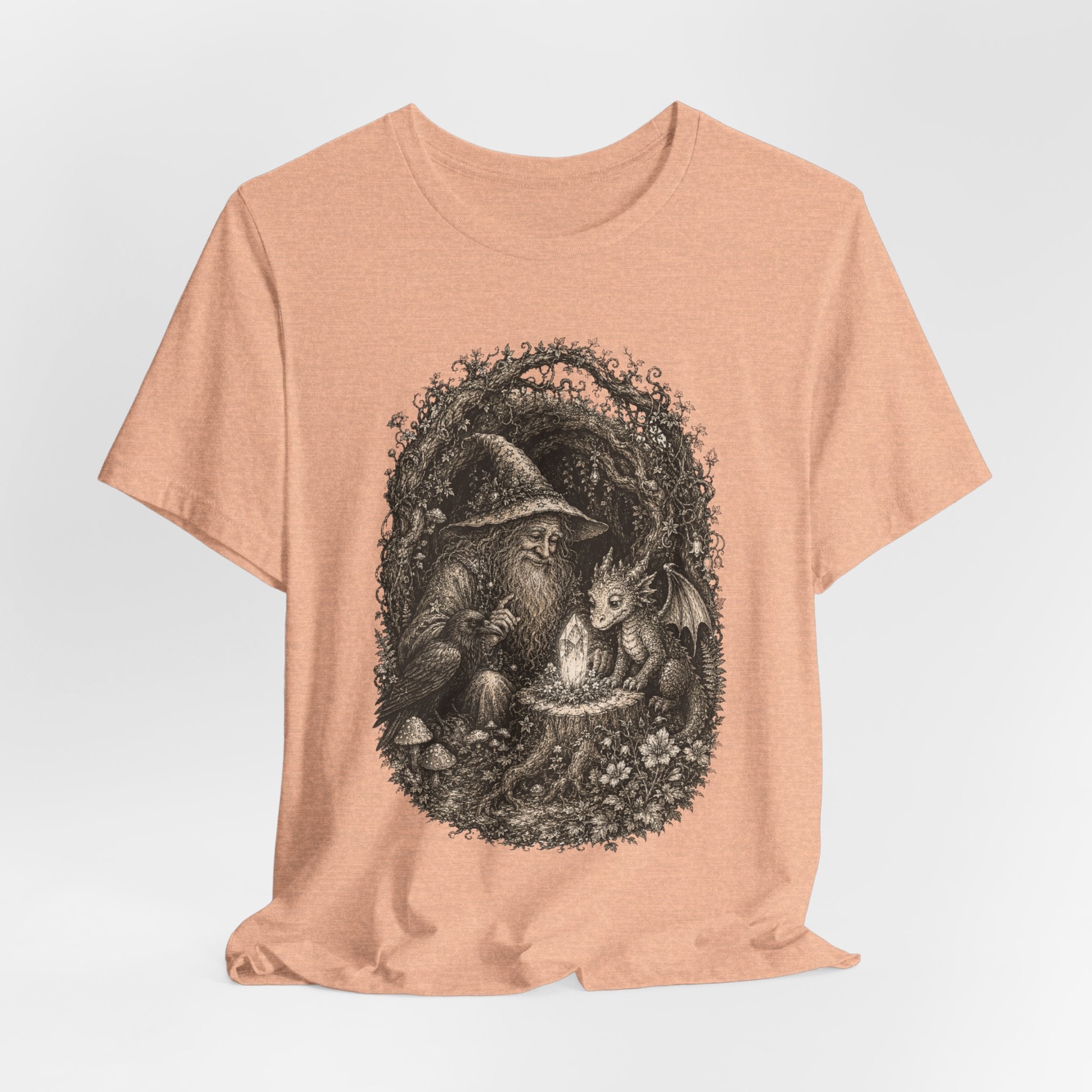 Wizard and Dragon Tee in Heather Peach - fantasy wizard and dragon raven shirt, Barely Outdoorsy Bella Canvas 3001