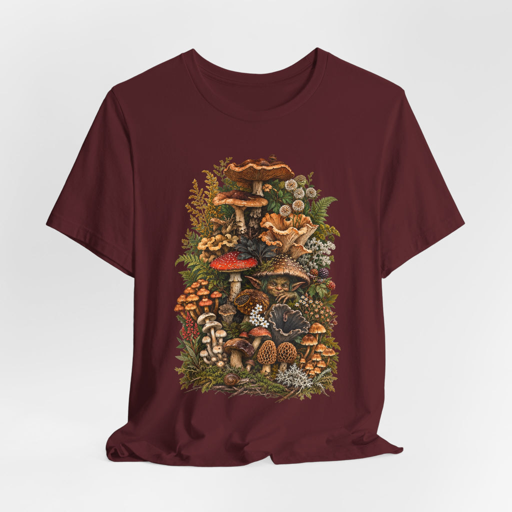 Mushroom Goblin Botanical Forager Tee in Black Heather - funny goblin botanical mushroom shirt, Barely Outdoorsy Bella Canvas