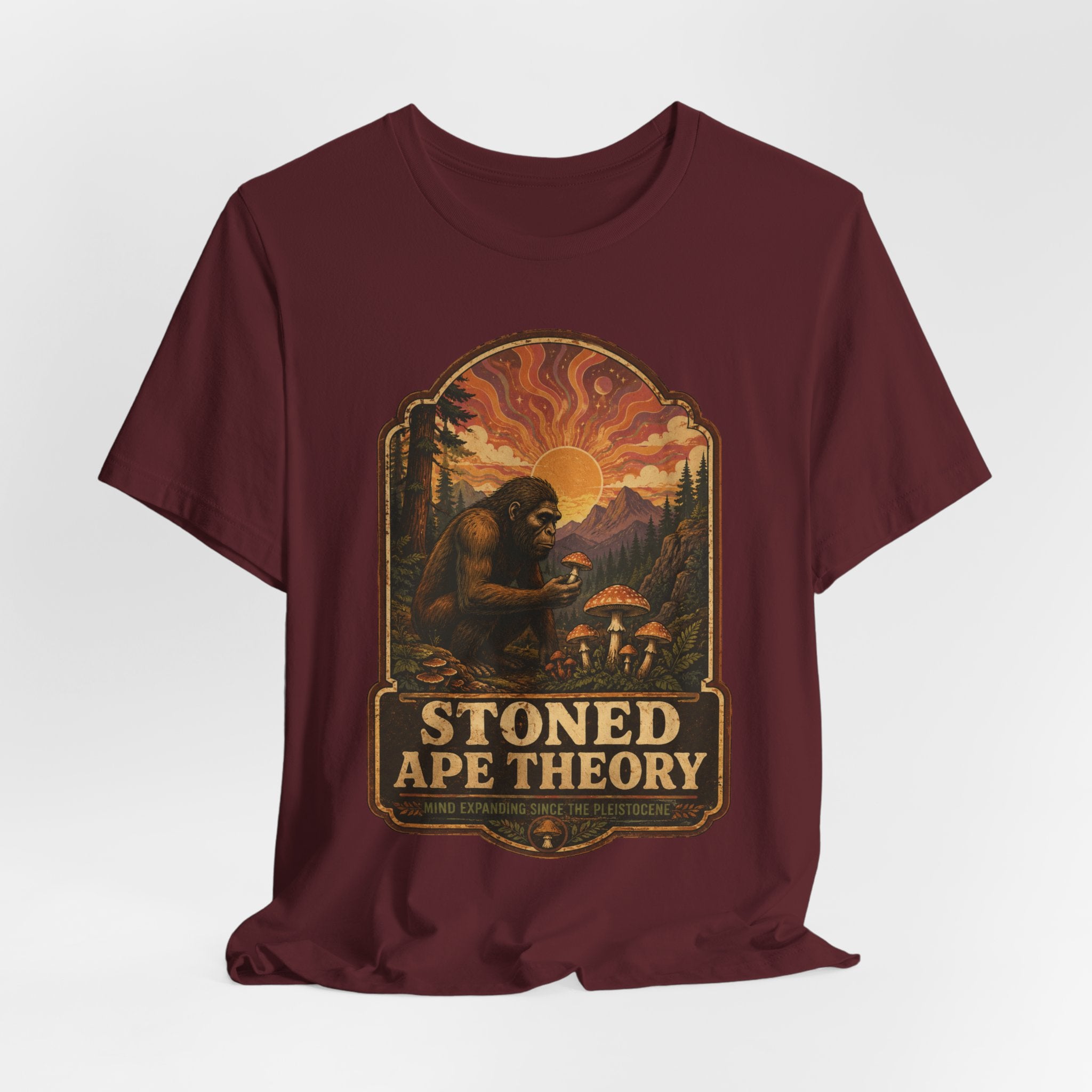 Stoned Ape Theory Tee in Heather Ice Blue - funny ape theory mushroom shirt, Barely Outdoorsy