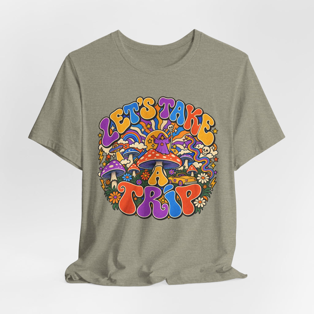 Let's Take a Trip Retro Tee in Heather Brown - retro psychedelic road trip shirt, Barely Outdoorsy
