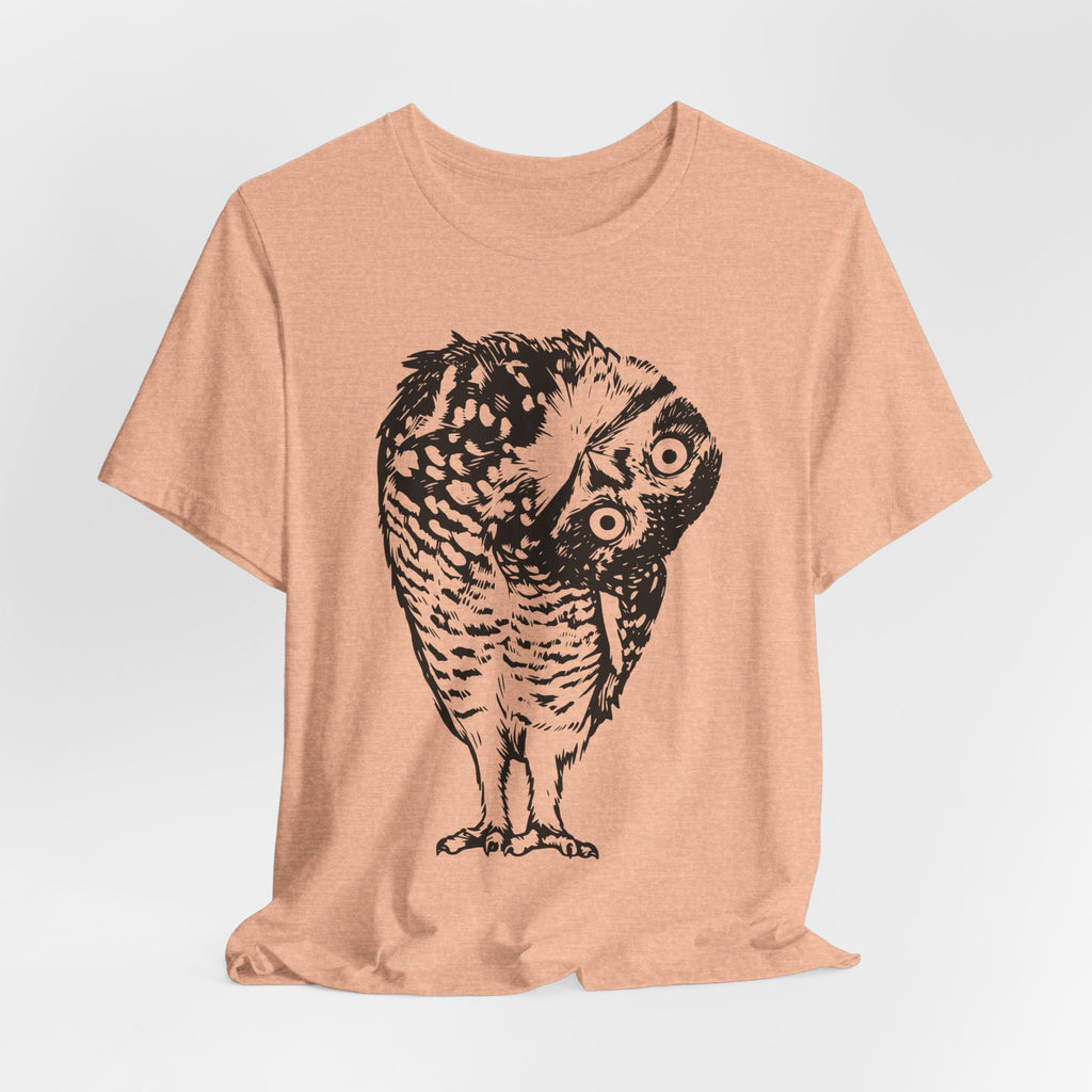 Person wearing white shocked owl graphic tee outdoors, funny bird nature shirt
