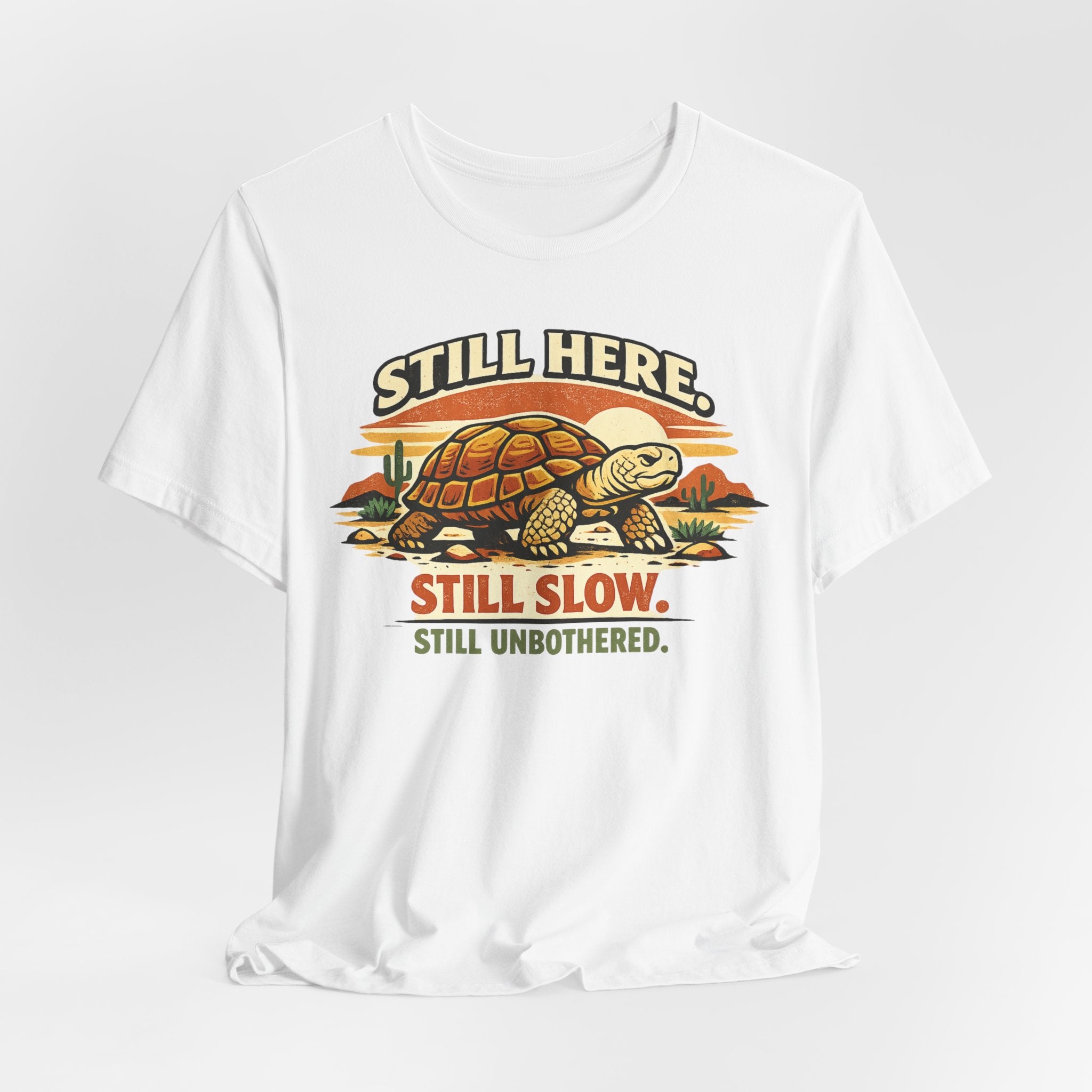Still Here Still Slow Still Unbothered T-Shirt in Heather Peach - vintage tortoise slow pace graphic tee, Barely Outdoorsy Bella Canvas