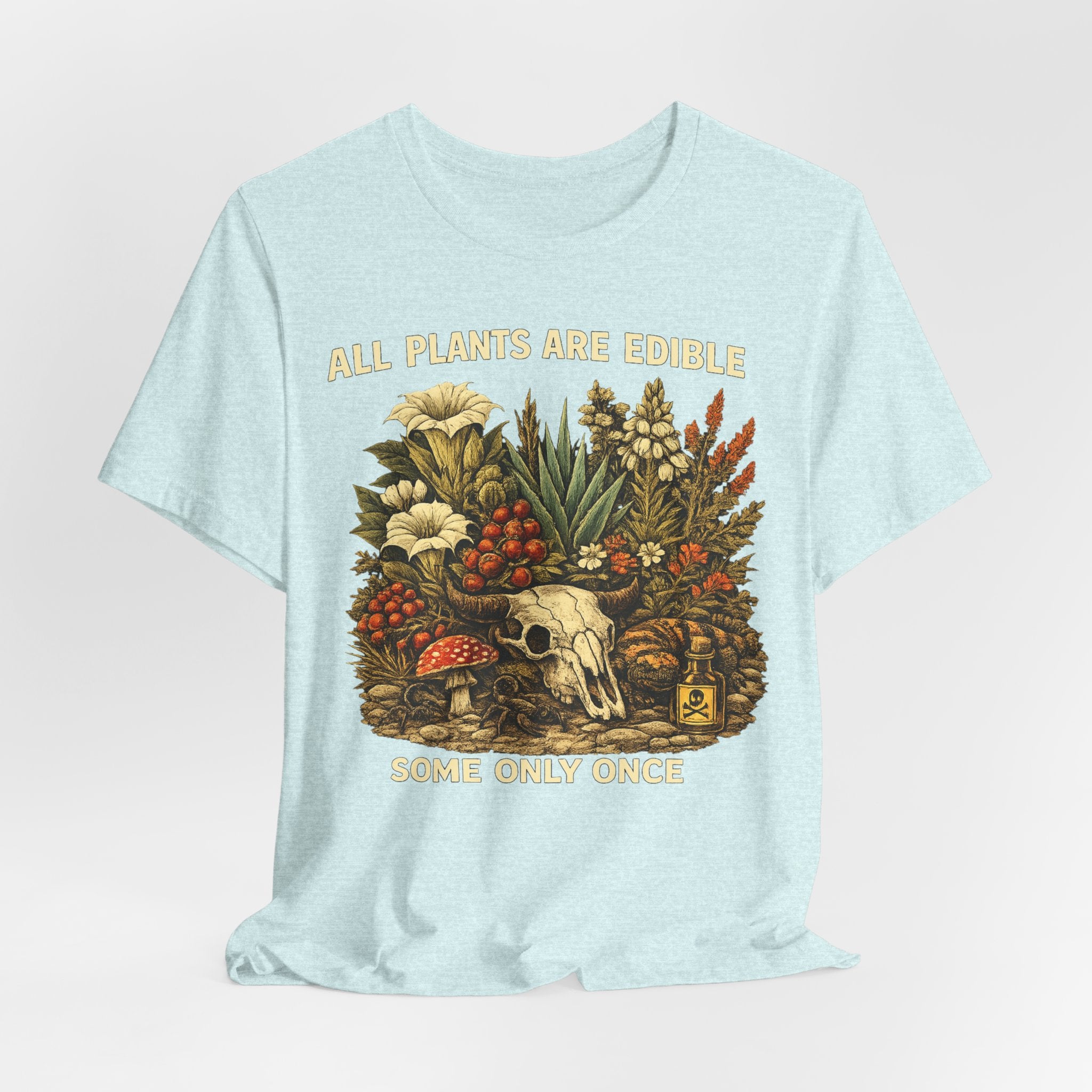 All Plants Are Edible Some Only Once T-Shirt in Heather Prism Lilac - vintage dark botanical skull graphic tee, Barely Outdoorsy